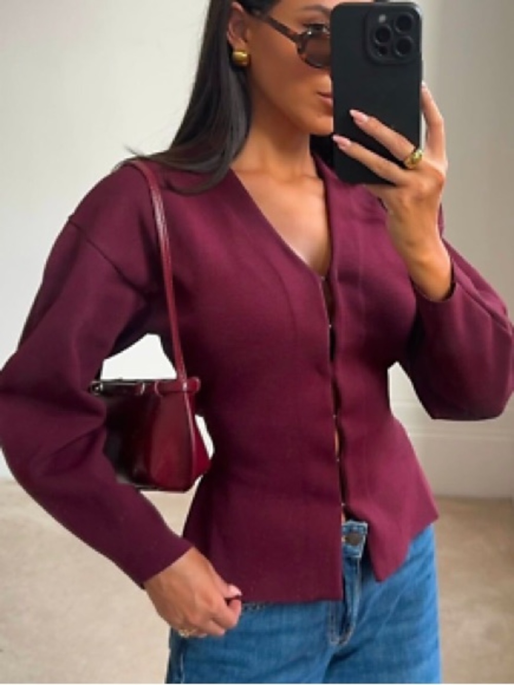 Zara-Front V-Neck Women's Sweater Cardigan - Burgundy XS